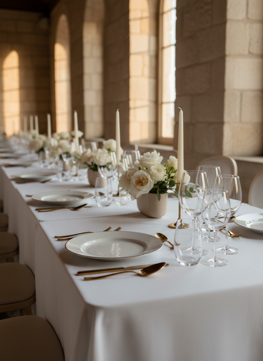 A beautifully set wedding dining table captured in photographic realism: crisp white linen drapes smoothly over the table, topped with fine porcelain plates with a thin platinum rim, crystal-clear wine glasses, and slender matte-gold cutlery precisely aligned. In the center, a low arrangement of white and soft blush flowers with eucalyptus leaves sits in a simple stoneware vase. Tall, slim ivory candles in brushed brass holders rise elegantly, unlit. The background reveals blurred arched windows and neutral stone walls of a classic venue. Gentle golden hour sunlight filters in, reflecting softly on the glassware. Composed at eye level along the table’s length, with a graceful leading line into the distance, the mood feels sophisticated, intimate, and timeless, ideal for conveying the style of Emma and Anne’s wedding reception.