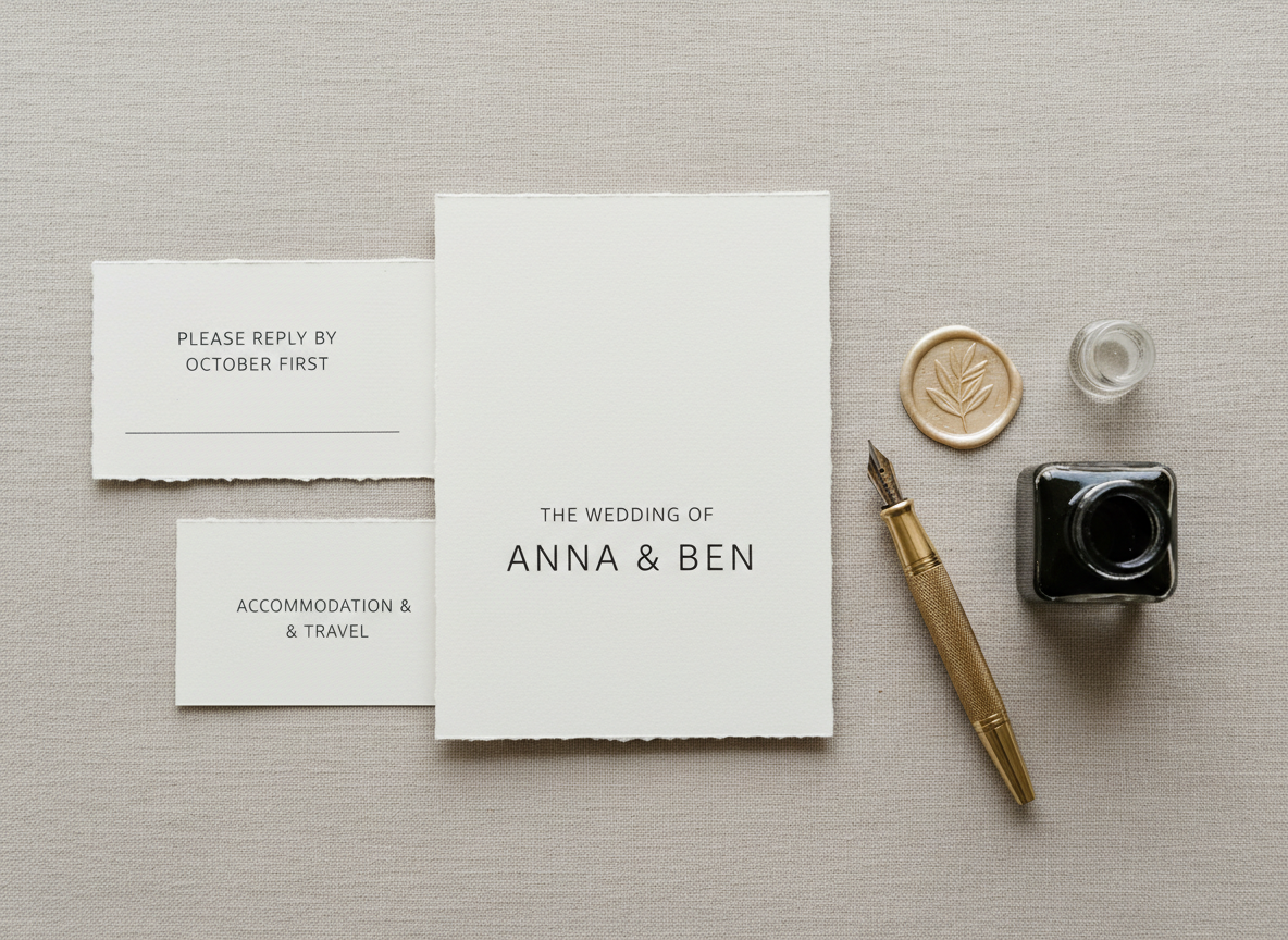 A close-up of a refined RSVP stationery set laid out meticulously on a pale taupe fabric surface with a subtle woven texture. A main invitation card, RSVP card, and small details card are displayed slightly overlapping, all printed on thick, cotton paper with deckled edges and minimalist black typography. A delicate wax seal in warm ivory with a botanical emblem rests beside a vintage brass pen and a small ink bottle. Diffused, overcast daylight from above creates soft, even illumination with minimal shadows, enhancing the tactile qualities of paper and wax. Shot from a directly overhead, flat-lay perspective with balanced composition and plenty of negative space, the photographic realism emphasizes calm clarity, organization, and elegance, perfect for a section explaining how guests can RSVP.