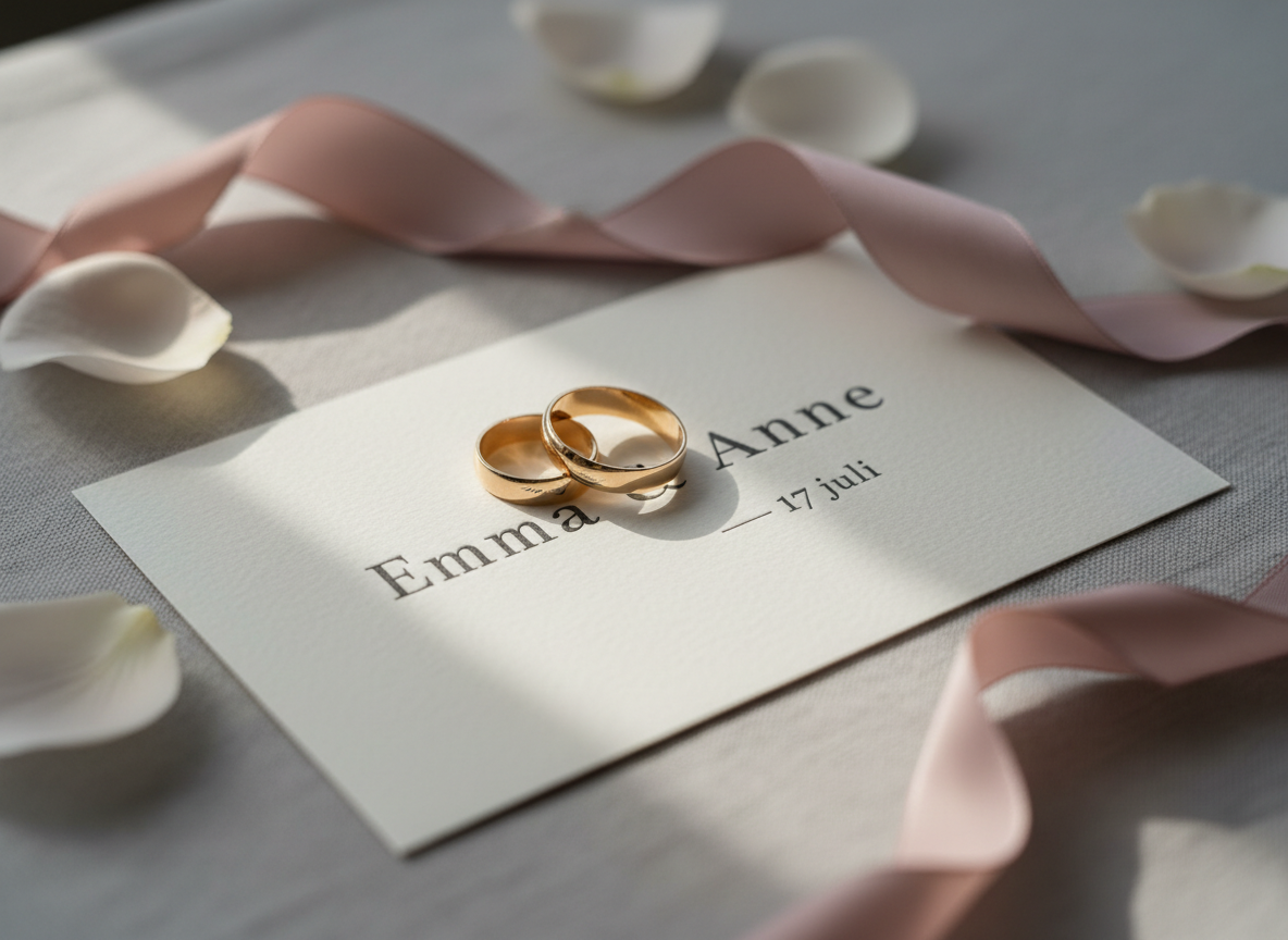 A pair of intertwined gold wedding rings, exquisitely polished with softly rounded edges, rest on the open page of a cream-colored, textured invitation card embossed with “Emma & Anne — 17 juli” in elegant dark grey serif lettering. The card lies on a linen-covered table in a muted dove-grey tone, scattered with a few pale blush rose petals and a silk ribbon in dusty rose. Soft natural window light from the left creates delicate highlights on the metal and gentle shadows along the printed letters. Shot in photographic realism from a slightly elevated angle with shallow depth of field, the rings and names in crisp focus while the edges blur into a sophisticated, romantic bokeh, creating a serene, refined atmosphere perfect for a wedding homepage hero image.