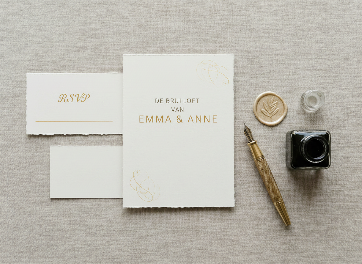 Een elegante, minimalistische RSVP-kaart in dezelfde stijl als de huidige afbeelding, maar volledig Nederlandstalig. Tekst: "De bruiloft van Emma & Anne" en "RSVP" in sierlijke, maar goed leesbare typografie. Zachte, romantische kleuren (crème, lichtroze, warm goud), met subtiele illustraties of lijnen. Geen Engelse woorden meer in beeld.